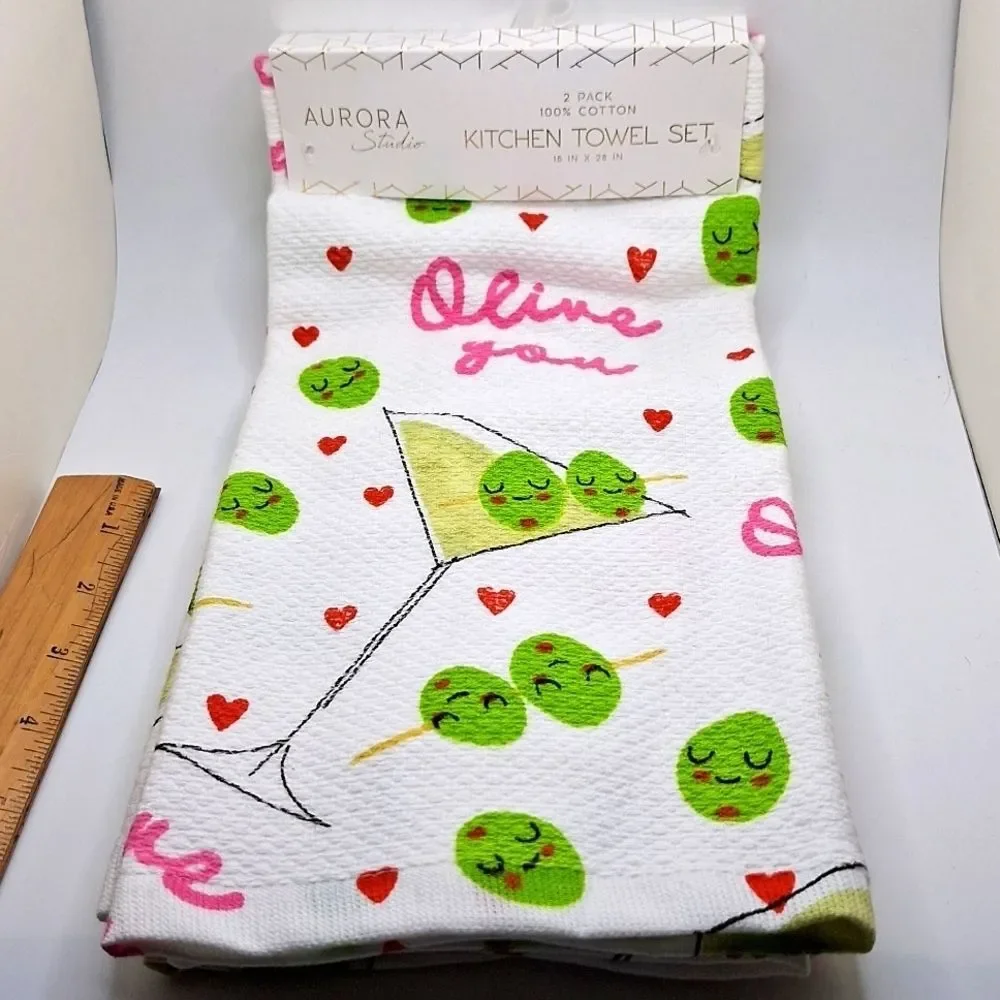 pun linens Olive you kitchen towels martini glass